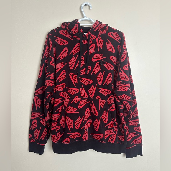 Nike Black Red Pattern Hoodie Size L Men's Pullover Athletic Sweatshirt - Picture 2 of 7